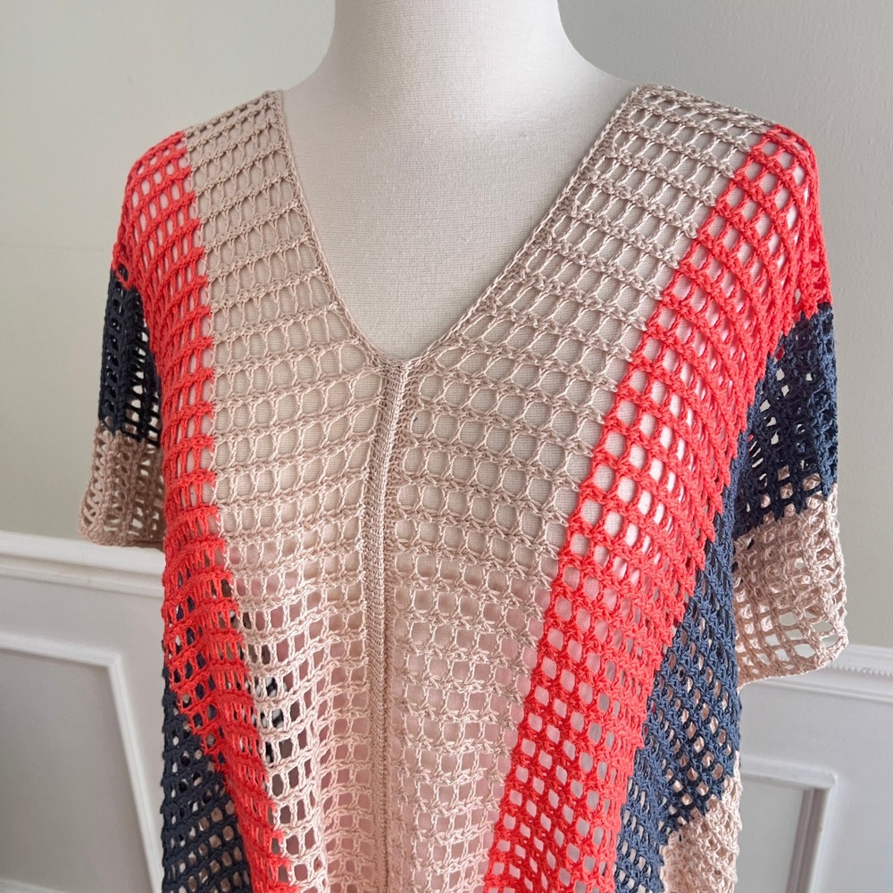Crochet Poncho Women OS Colorblock Fringe V-Neck Mesh Coverup Multicolor Hippie - Picture 3 of 9